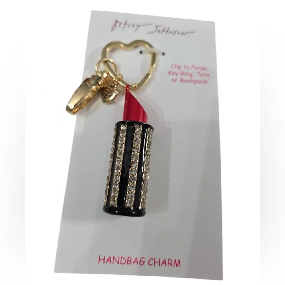 BETSEY JOHNSON Fire Engine Red Lipstick Crystal-Studded Bag Charm Keychain NWT